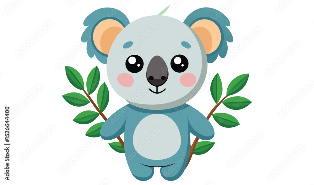 Naklejka premium Adorable cartoon koala holding eucalyptus leaves
