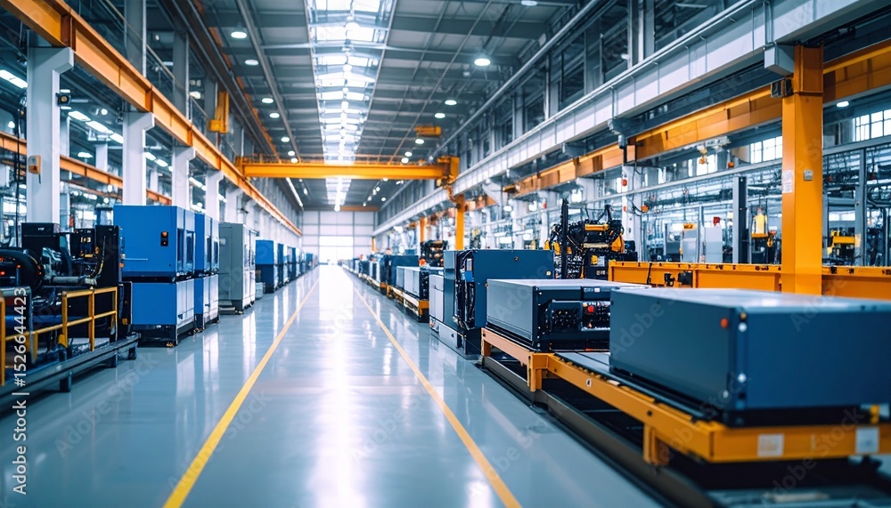 Fototapeta premium Automotive industrial supply chain mechanical parts concept. Modern industrial warehouse with machinery and equipment arranged neatly.