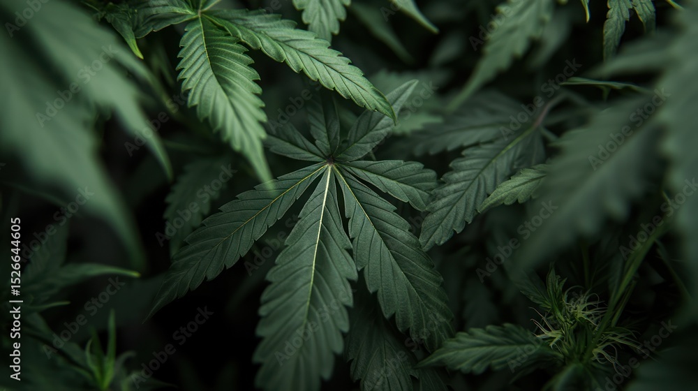 Close-up of lush, dark green cannabis leaves Close-up of lush, dark green cannabis leaves