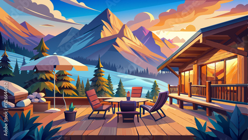 Luxurious Chalet Terrace with Breathtaking Mountain Views at Sunrise Very beautiful
