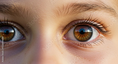 Close-up shot of a pair of hazel eyes with long lashes, capturing their intricate details and reflections.
