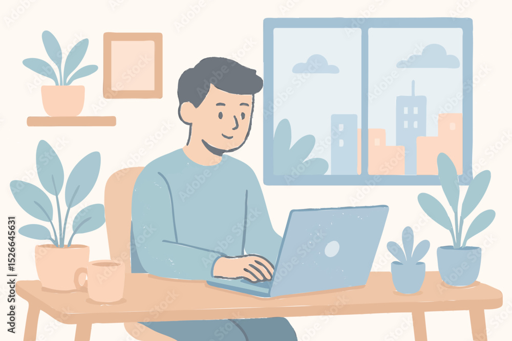 Young businessman working on laptop smiling at office desk Young businessman working on laptop smiling at office desk