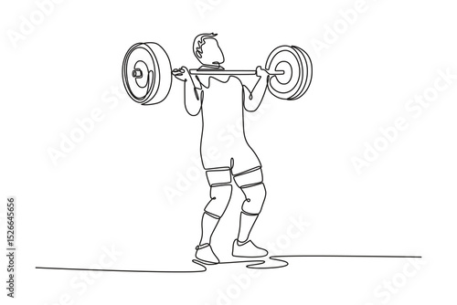 Single one line drawing male weightlifter holding barbell on chest, preparing to lift overhead or do front squat. Muscular man lifting weight. Continuous line draw design graphic vector illustration