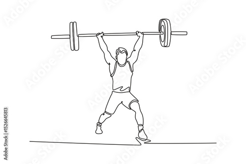Continuous one line drawing muscular fitness man doing clean and jerk barbell over his head in gym. Functional weightlifting training. Snatch exercise. Single line design vector graphic illustration