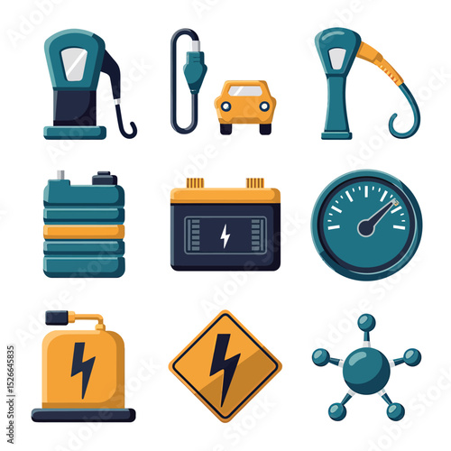 vector icons to vehicle fueling and charging a gasoline pump, an electric vehicle plug hydrogen mole