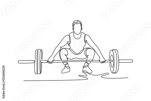 Continuous one line drawing sportsman doing deadlift for weightlifting training, exercise and intense workout. Athlete with equipment for wellness. Single line draw design vector graphic illustration