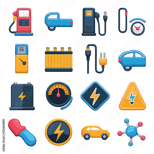 vector icons to vehicle fueling and charging a gasoline pump, an electric vehicle plug hydrogen mole