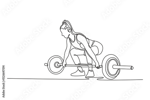 Continuous one line drawing sportswoman doing deadlift at health club. Female athlete doing barbell weight lifting training workout with heavy bar. Single line draw design vector graphic illustration