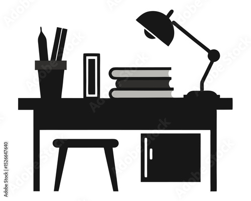 Black and white vector illustration of a desk with lamp and books