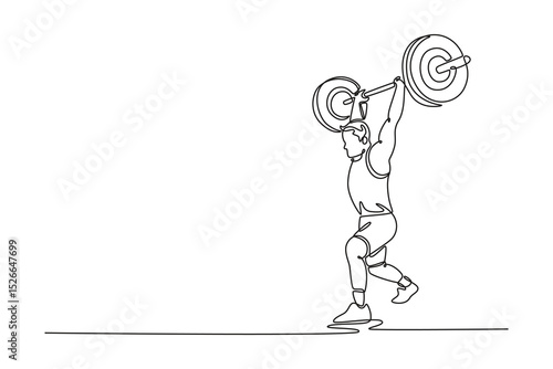 Single one line drawing muscular male athlete pushing the barbell. Fitness, training, workout, athletic, vitality, performance, muscle strength. Continuous line draw design graphic vector illustration