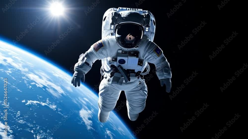 Astronaut floating in space during spacewalk with Earth and sun in background creating a sense of exploration and discovery. Astronaut floating in space during spacewalk with Earth and sun in background creating a sense of exploration and discovery.