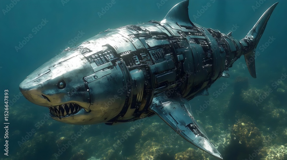 Fototapeta premium A mechanical shark glides gracefully through the deep blue ocean waters, a true marvel.