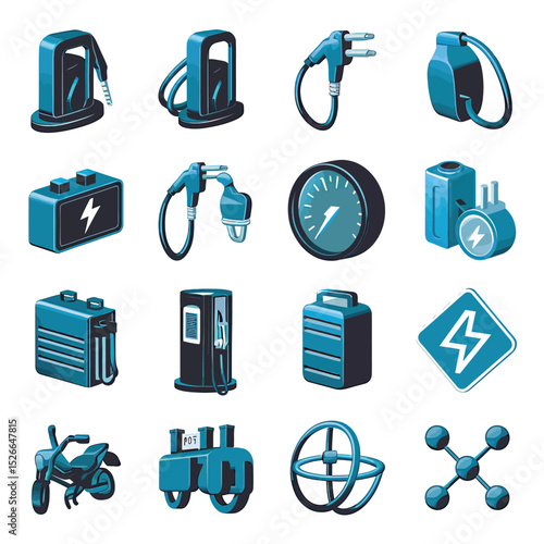 vector icons to vehicle fueling and charging a gasoline pump, an electric vehicle plug hydrogen mole