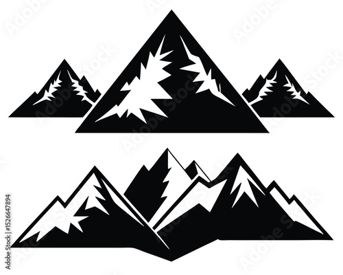 Mountain Range Vector Silhouette with Snow Peaks for Outdoor Adventure Logo