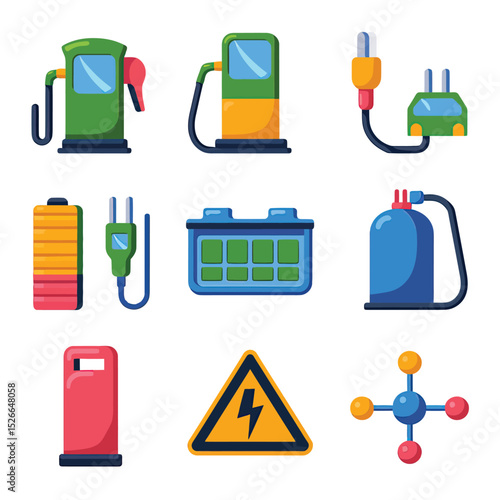 vector icons to vehicle fueling and charging a gasoline pump, an electric vehicle plug hydrogen mole