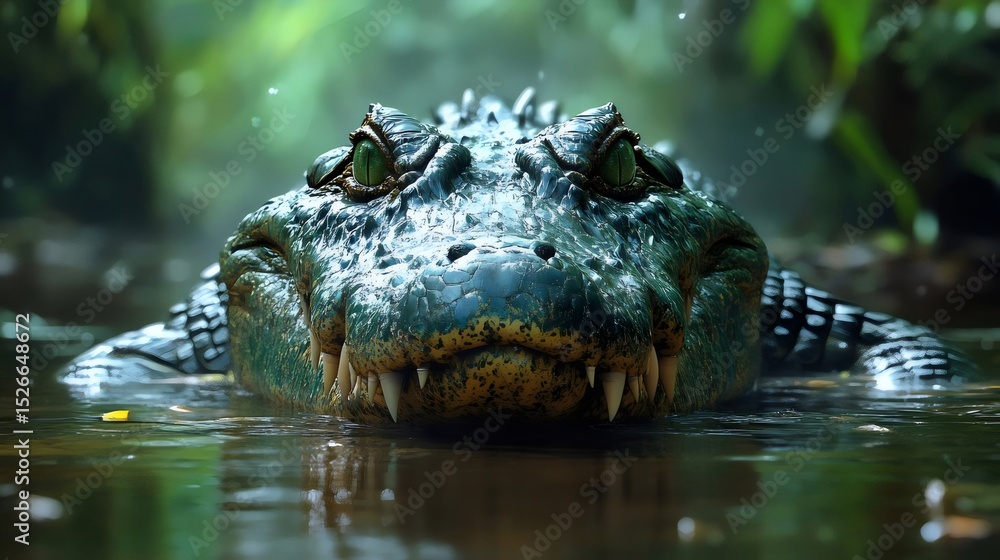 Fototapeta premium The imposing alligator surfaces, its sharp teeth and intense eyes on full display.