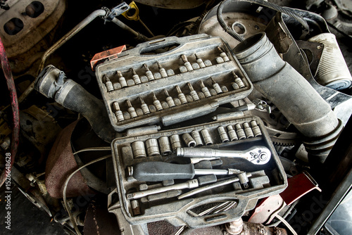 A set of dirty tools for auto repair.dirty tool kit