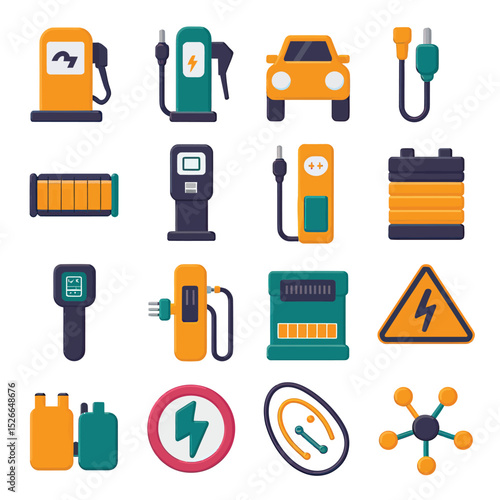 vector icons to vehicle fueling and charging a gasoline pump, an electric vehicle plug hydrogen mole