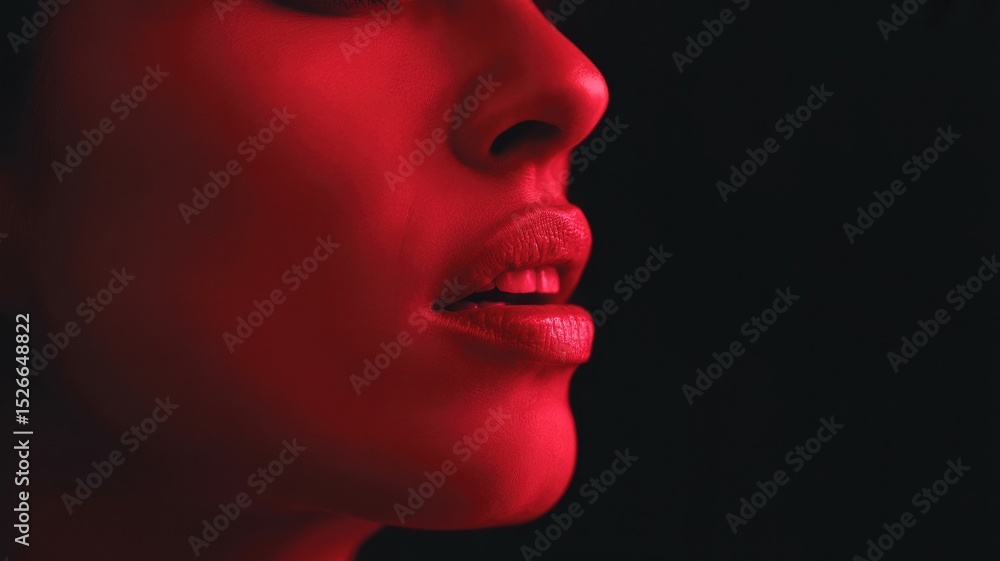 Female profile in red lighting with focus on mouth Female profile in red lighting with focus on mouth