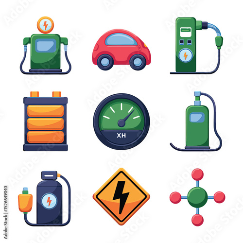 vector icons to vehicle fueling and charging a gasoline pump, an electric vehicle plug hydrogen mole