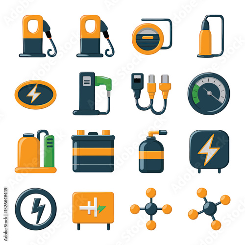 vector icons to vehicle fueling and charging a gasoline pump, an electric vehicle plug hydrogen mole