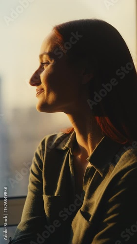Cheerful red-haired woman looking through window, enjoying city sunset view