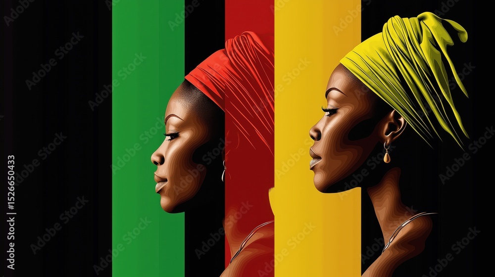 Obraz premium Minimalist vector illustration showcasing three African women with vibrant head wraps representing cultural identity