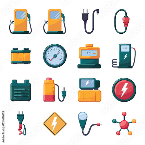 vector icons to vehicle fueling and charging a gasoline pump, an electric vehicle plug hydrogen mole