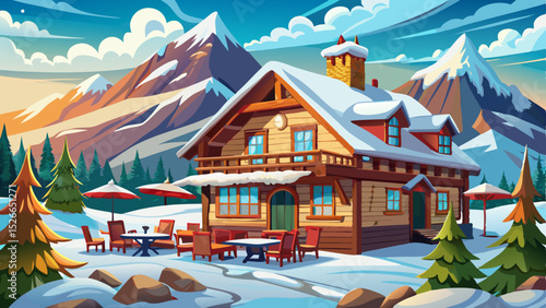 Charming Wooden Chalet Restaurant in Snowy Mountain Landscape