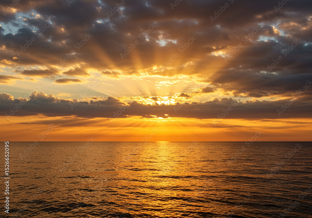 Fototapeta premium Golden Sunset over Calm Ocean Waters Dramatic Sky Cloudscape