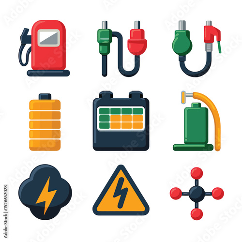 vector icons to vehicle fueling and charging a gasoline pump, an electric vehicle plug hydrogen mole