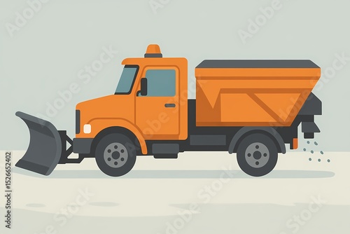 A flat-style illustration of an orange snow plow truck with a salt spreader, depicted on a snowy road. The vehicle is equipped with a front blade and rear dispenser.