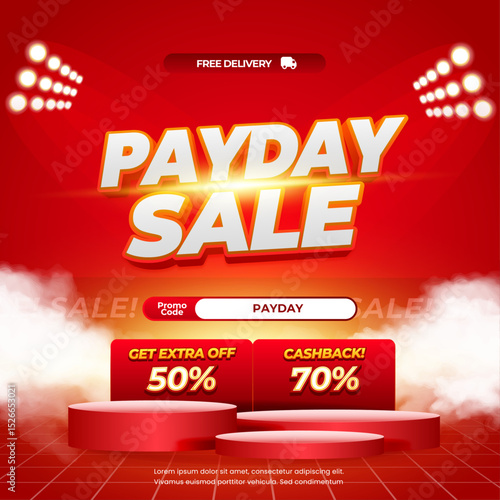 Shopping Payday Sale discount deals with vibrant red gradient Editable text Effect Stage Podium Flash light Promotion Square banner