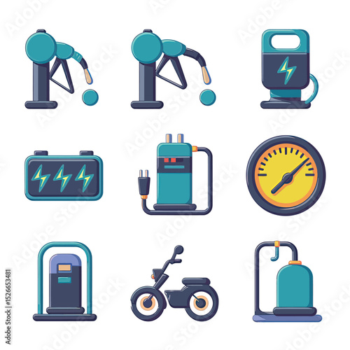 vector icons to vehicle fueling and charging a gasoline pump, an electric vehicle plug hydrogen mole