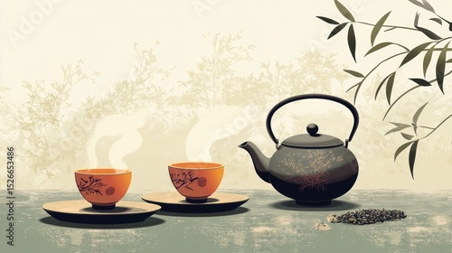 Elegant teapot and cups with steam against a soft background, showcasing a serene tea drinking experience with bamboo elements styling