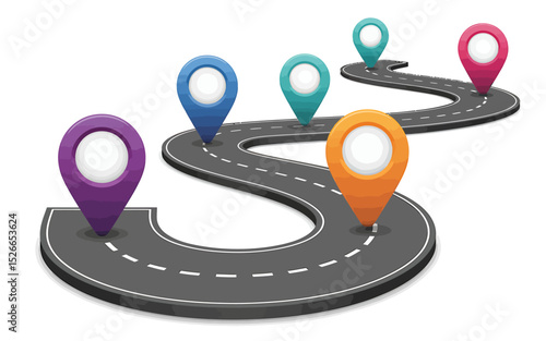 3D Rendered Curved Road Diagram Visualizing Journey Milestones and Route Planning