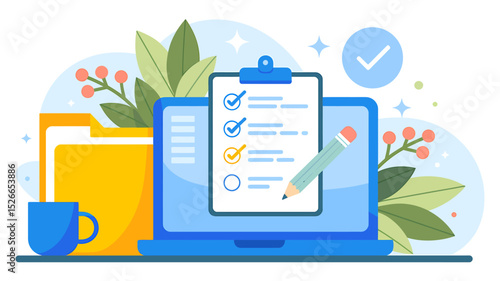 Flat Design Illustration Digital Task Management & Checklist on Laptop