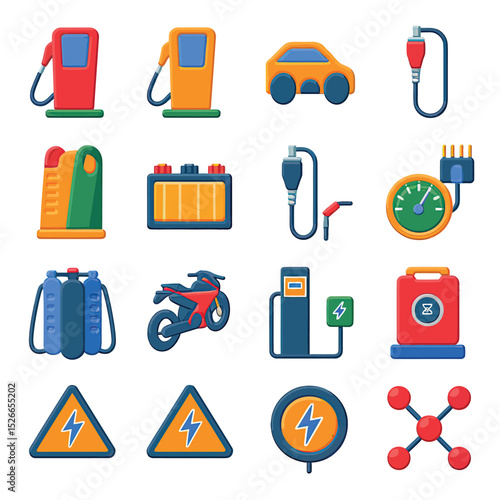 vector icons to vehicle fueling and charging a gasoline pump, an electric vehicle plug hydrogen mole