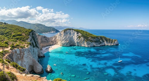 Azure waters border white cliffs topped with greenery revealing a secluded beach and distant mountains under a blue sky