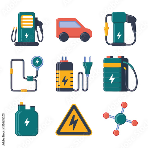 vector icons to vehicle fueling and charging a gasoline pump, an electric vehicle plug hydrogen mole