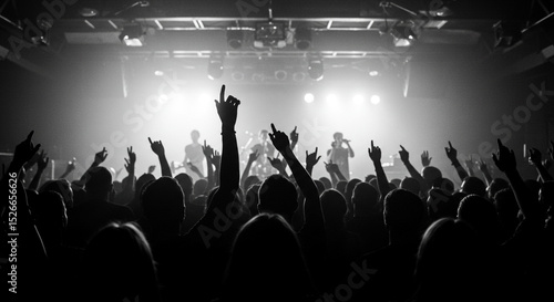 Energetic Crowd at a Rock Concert, Hands Raised High in Excitement, Black and White Photography