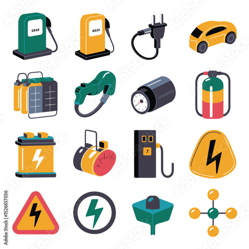 vector icons to vehicle fueling and charging a gasoline pump, an electric vehicle plug hydrogen mole