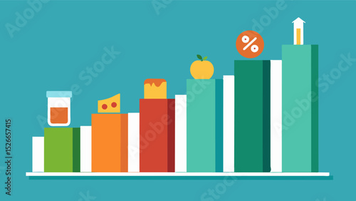 A bar graph with different food items and their corresponding price increases emphasizing the range of products affected by the economic trend.. Vector illustration
