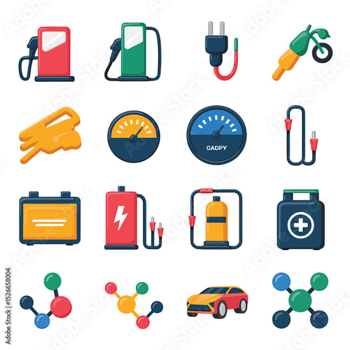 vector icons to vehicle fueling and charging a gasoline pump, an electric vehicle plug hydrogen mole