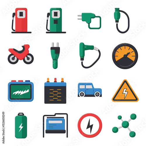 vector icons to vehicle fueling and charging a gasoline pump, an electric vehicle plug hydrogen mole