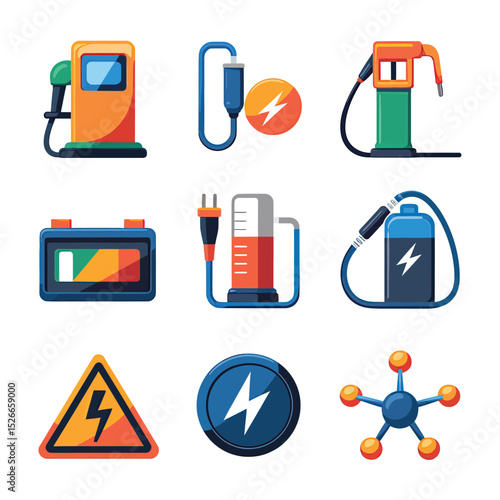 vector icons to vehicle fueling and charging a gasoline pump, an electric vehicle plug hydrogen mole