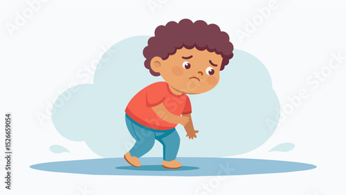 A toddler with a bloated stomach struggling to walk and visibly weakened by severe malnutrition.. Vector illustration