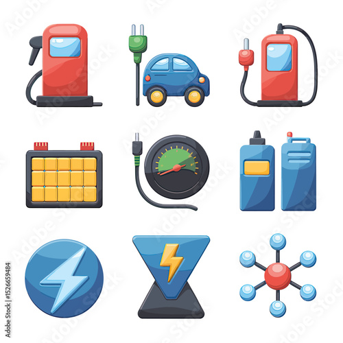 vector icons to vehicle fueling and charging a gasoline pump, an electric vehicle plug hydrogen mole