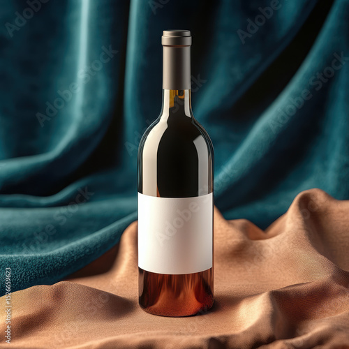 Wallpaper Mural A dark elegant wine bottle standing upright on a soft, cream-colored fabric background, with soft natural lighting casting gentle shadows. High quality photo Torontodigital.ca