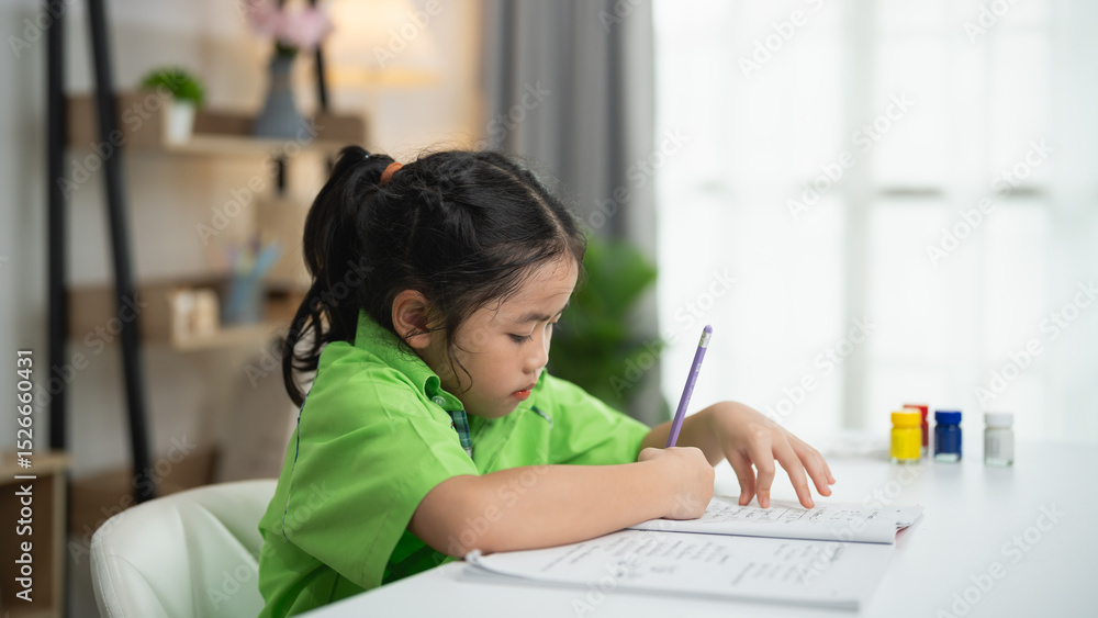 Young child engaged in creative study activity at home, focused on writing and learning in bright, cozy indoor environment with colorful materials Young child engaged in creative study activity at home, focused on writing and learning in bright, cozy indoor environment with colorful materials